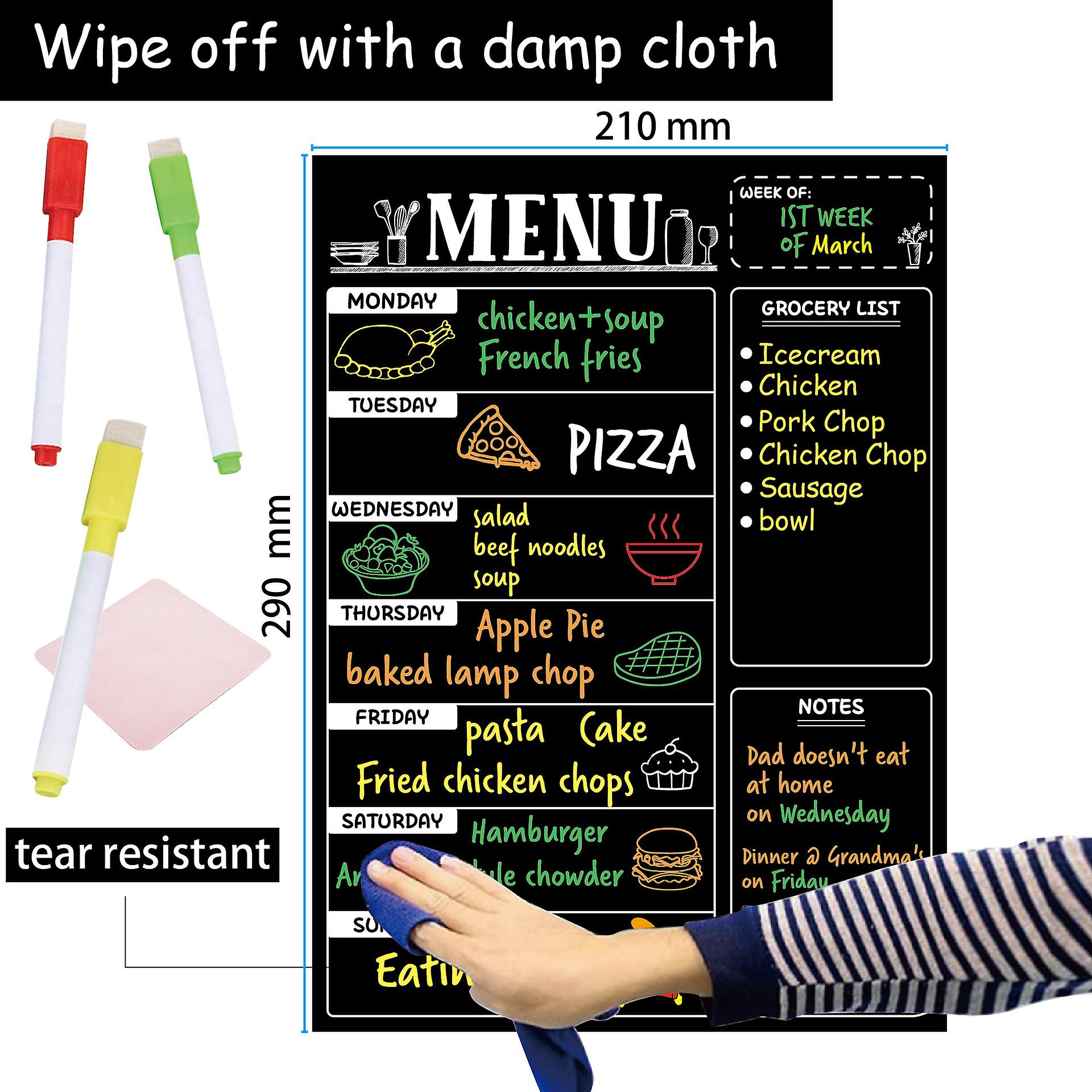Magnetic Dry Erase Menu Board For Fridge Includes 5 Liquid Chalk Markers - Weekly Meal Planner Blackboard, Grocery List And Notepad For Kitchen Refrig