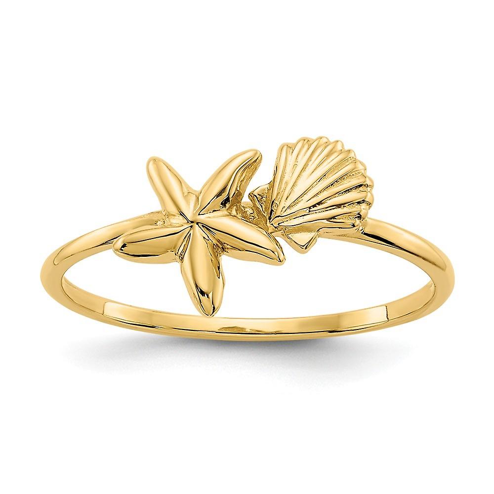 14k Yellow Gold Solid Textured Polished Shell and Starfish Ring Size 7.00-Ring for Women