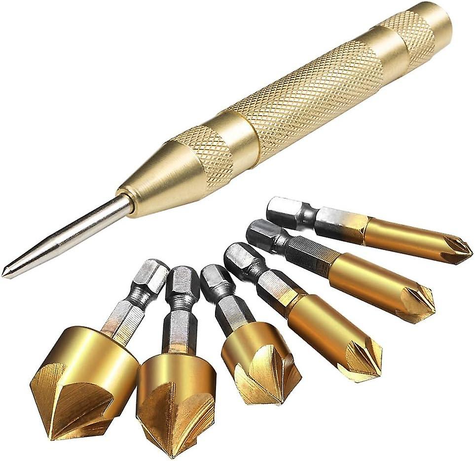 Set of 6 HSS 5 Hexagonal Shank Conical Milling Bits with Automatic Center punch 12.7 cm Deburring To