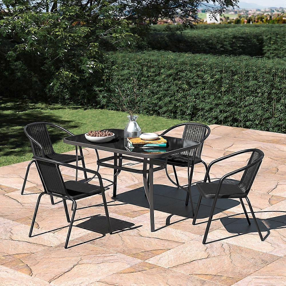 Set of 5 Outdoor 120CM Rectangle Umbrella Table and Stackable Chairs Set