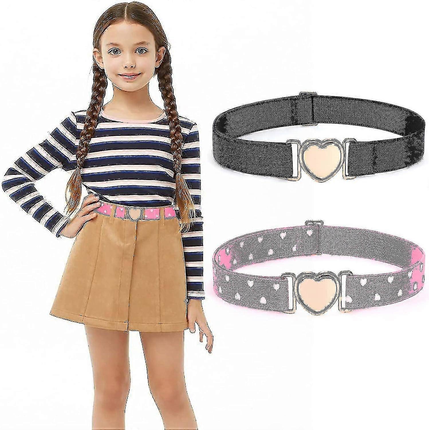 2 Pack Flickor Elastiska Bälten Barn Stretchbälten Mode Söt Justerbart Hjärtbälte