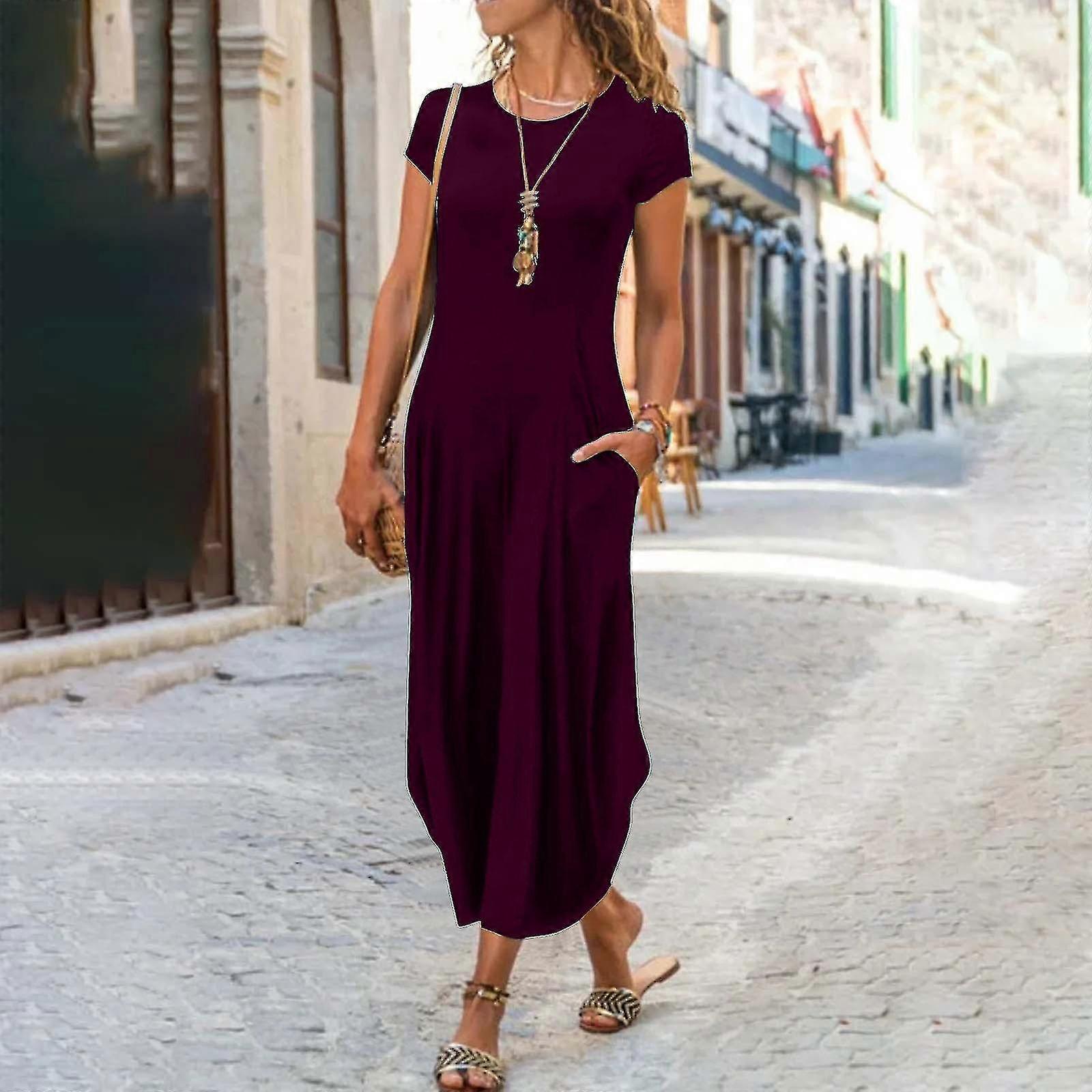 Robes décontractées pour femmes 2023 Col rond Été Solide Décontracté à manches courtes Robe mi-mollet
