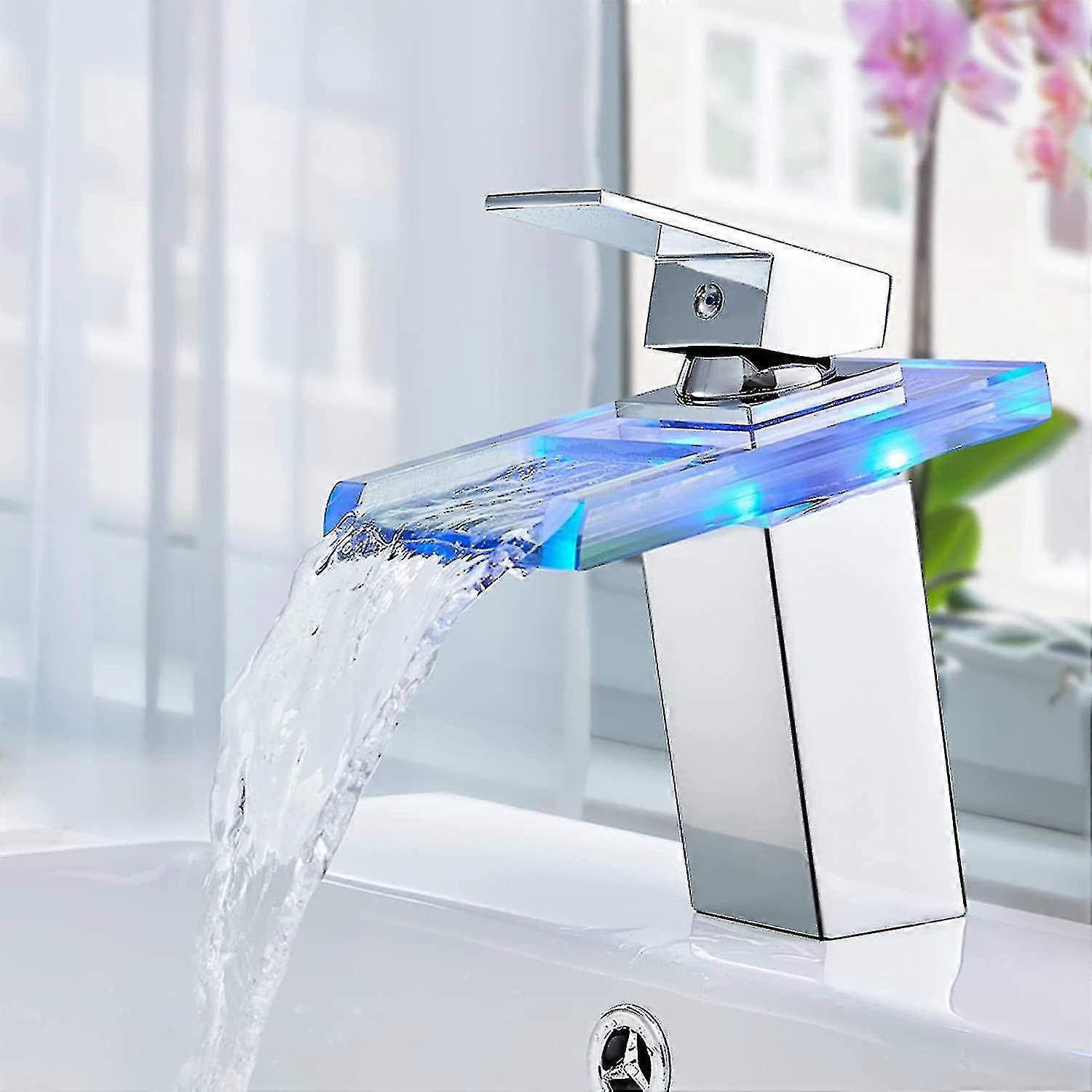 Miscelatore del lavabo a cascata Tap Led 3 colori cromo cascata rubinetto bagno ottone e rubinetto lavabo di vetro per lavabo -