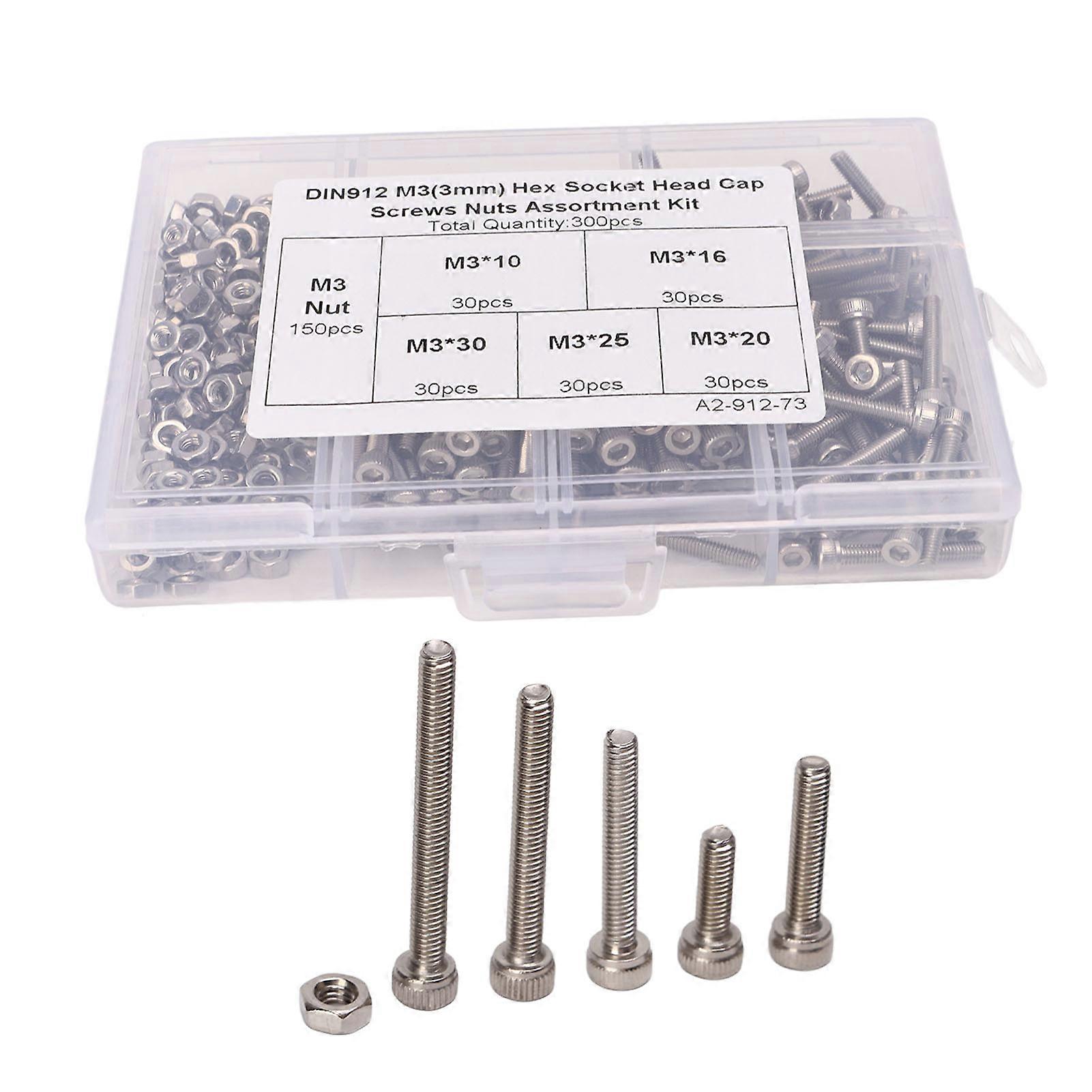 M3 Hex Socket Head Skruer 304 rustfritt stål Hex Cap Bolts Muttere sortiment Kit med oppbevaringsboks