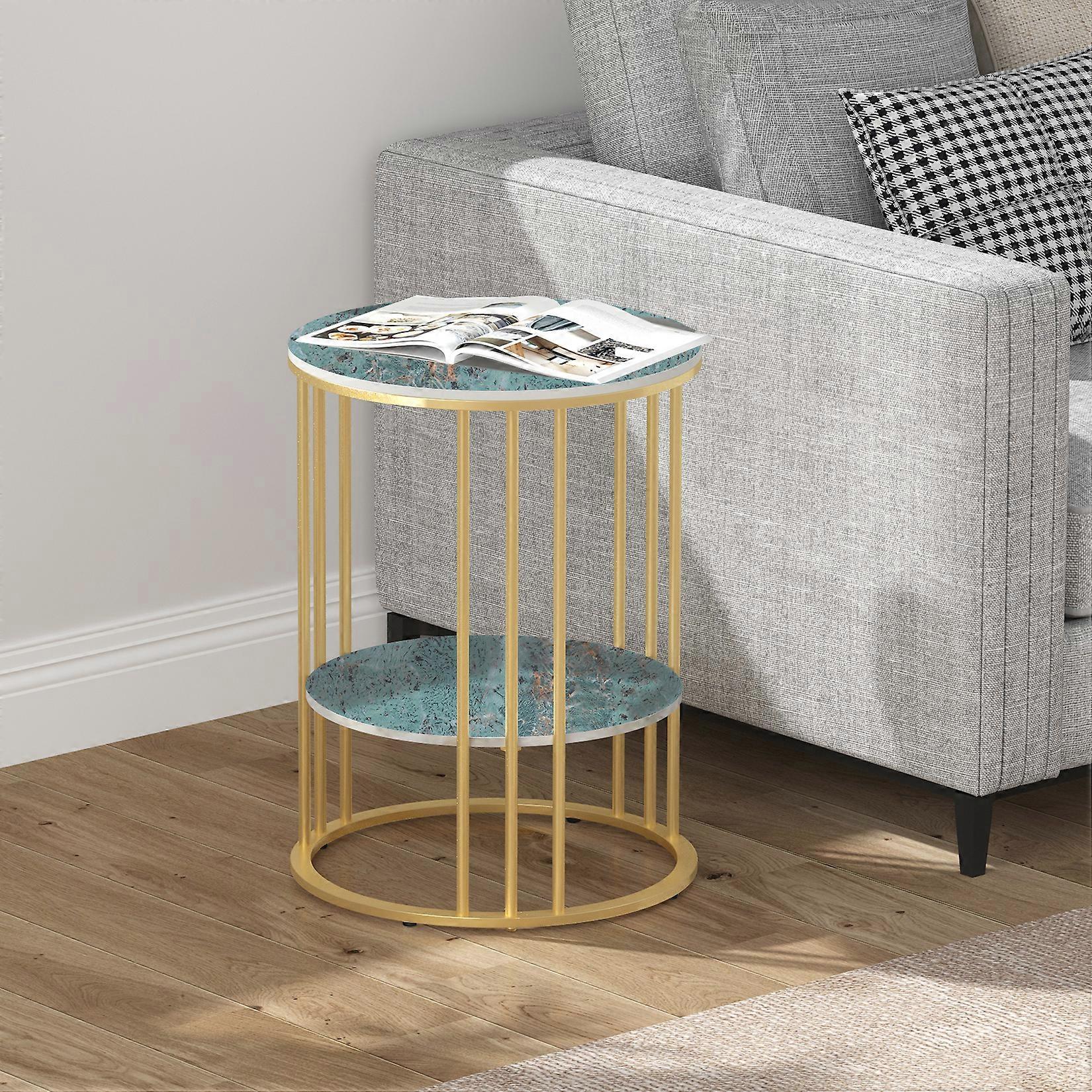2 Tier Modern Metal Frame Artifical Marble Round Side Table