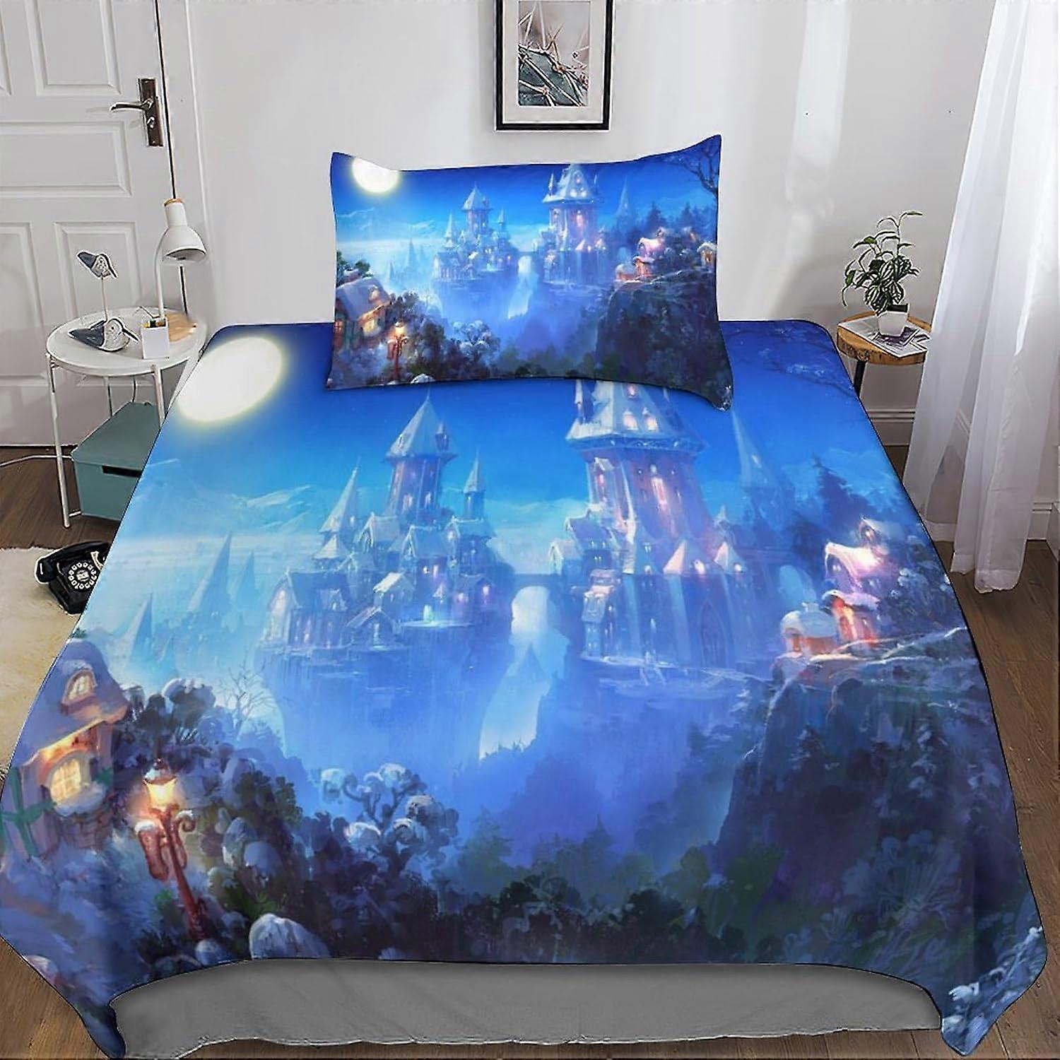 כיסוי שמיכה מודפס טירה D מימי הביניים, כיסוי שמיכת מיקרופייבר מבצר, עם ערכות חתיכות ציפית למבוגרים ולילדים סט מצעים 135 * 200 ס"מ