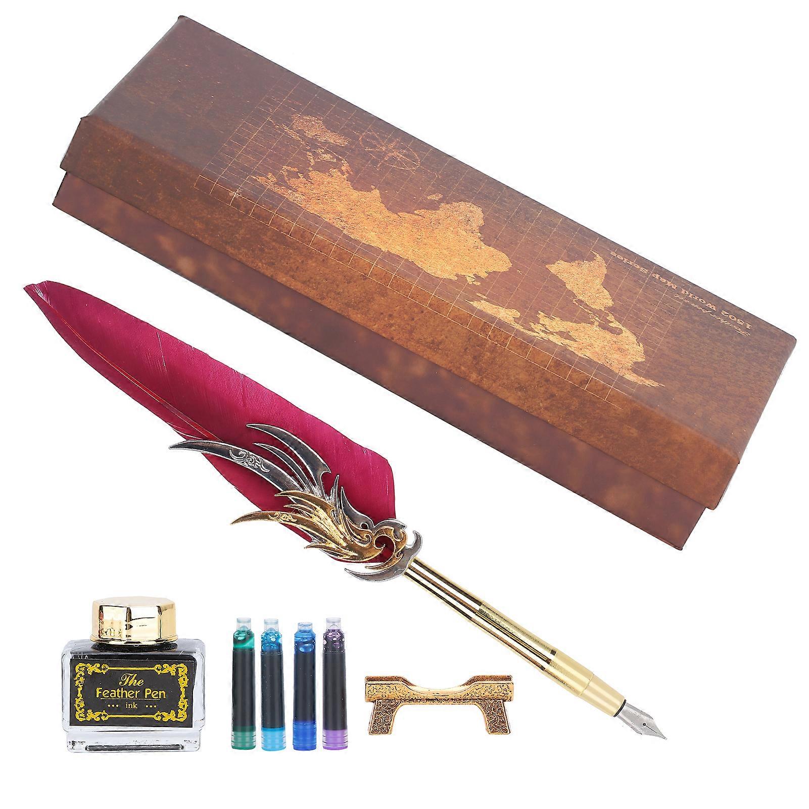 Feather Pen Calligraphy Writing Vintage Set Metal Retro Dip Quill Kit with Ink Sac SP270Burgundy