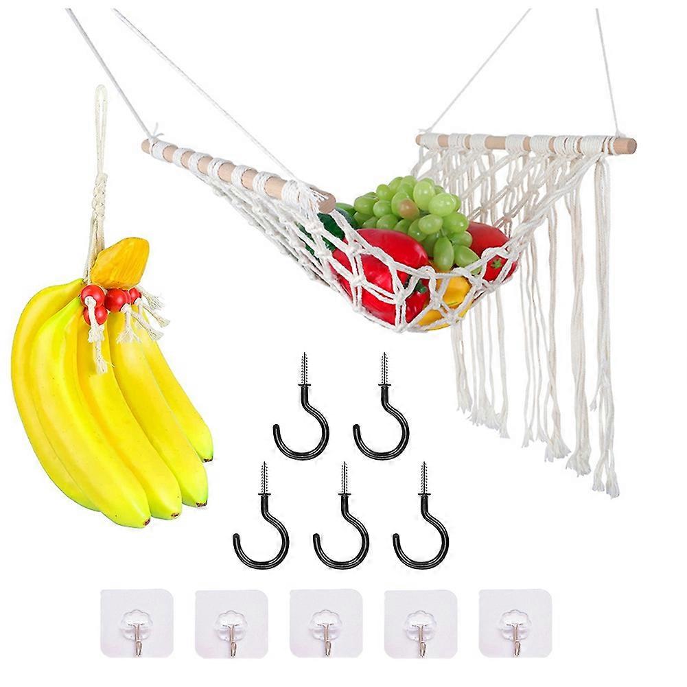Macrame Fruit Hammock Under Cabinet - Hanging Basket for Kitchen, Fruit Holder Net with Banana Hang