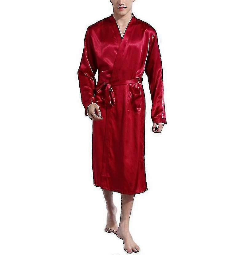 Men's Solid Color Robe With Thin Glossy Satin Bathrobe-red high quality