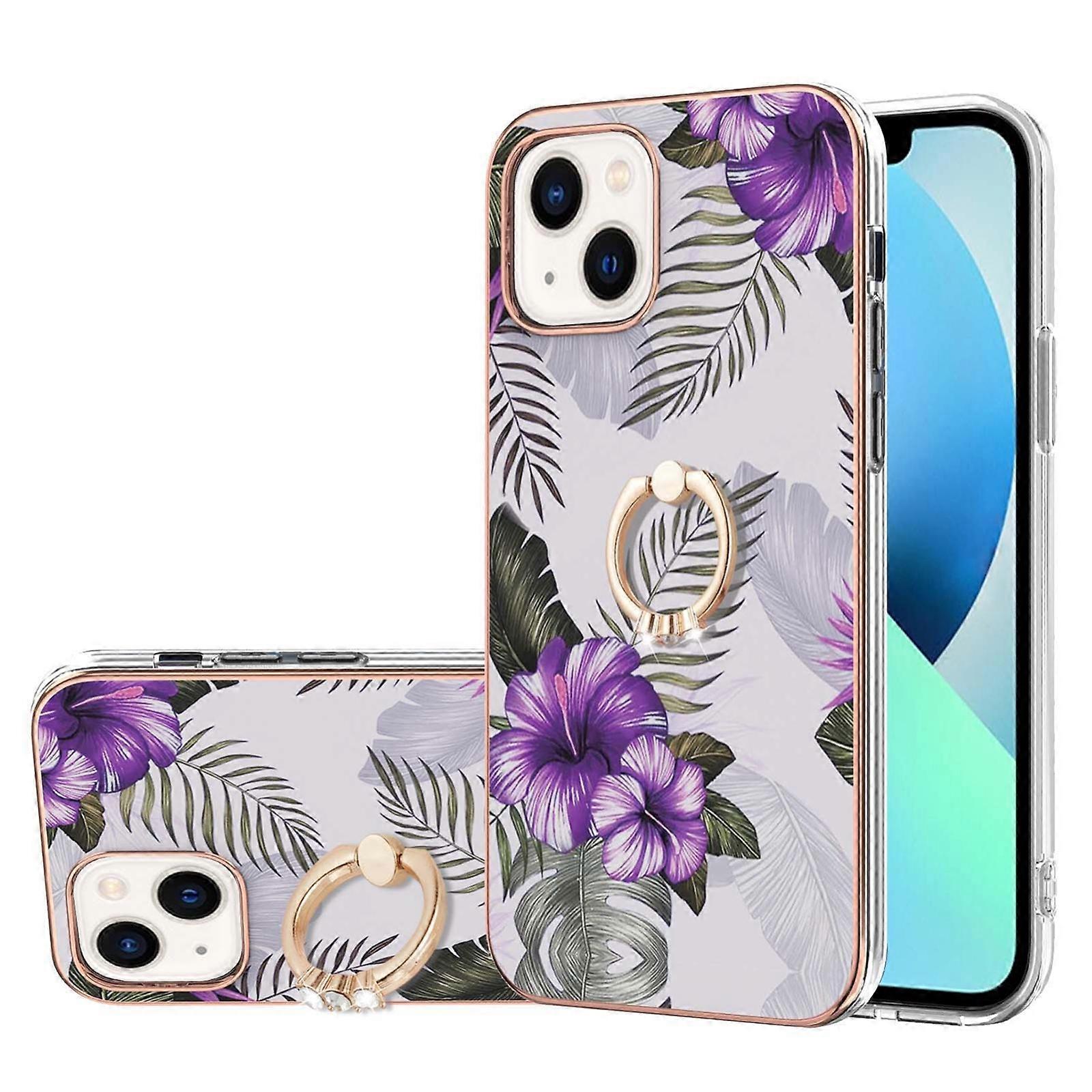 Electroplating Pattern IMD TPU Shockproof Case with Rhinestone Ring Holder For iPhone 14