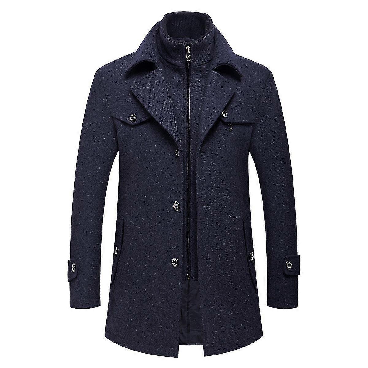 VAWAN Mens Wool Thicken Solid Color Lapel Long Fit Overcoat