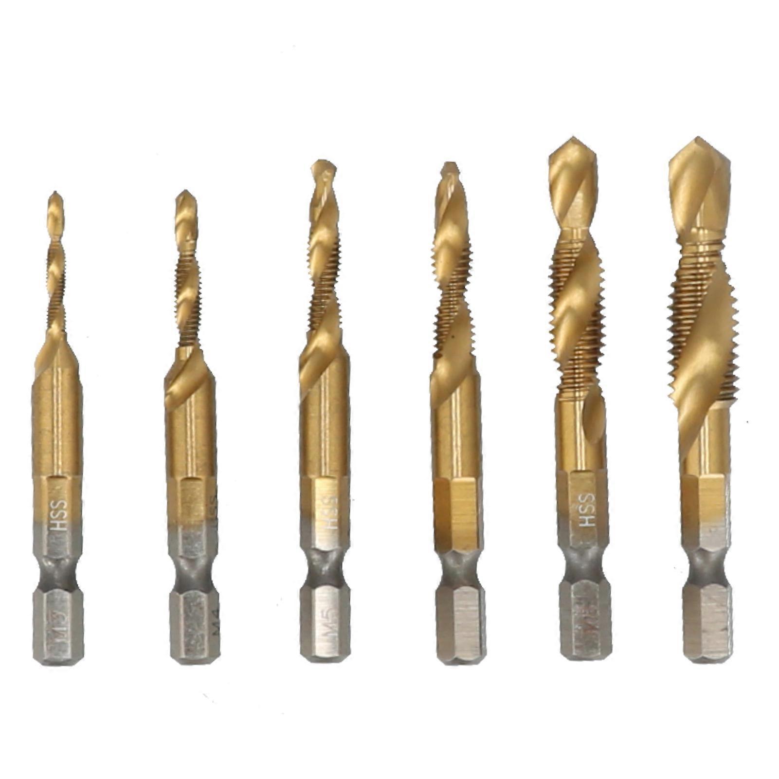 6Pcs Metric Taps High Speed Steel Golden Composite Drill Tools with Hex Handles for Drilling Tapping Chamfering