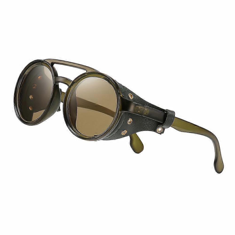 KEITHION Glacier Windproof Mountaineering Steampunk Style Round Vintage Sunglasses, Retro Eyewear For Men Women With Leather Side Goggles, Cycling Rid