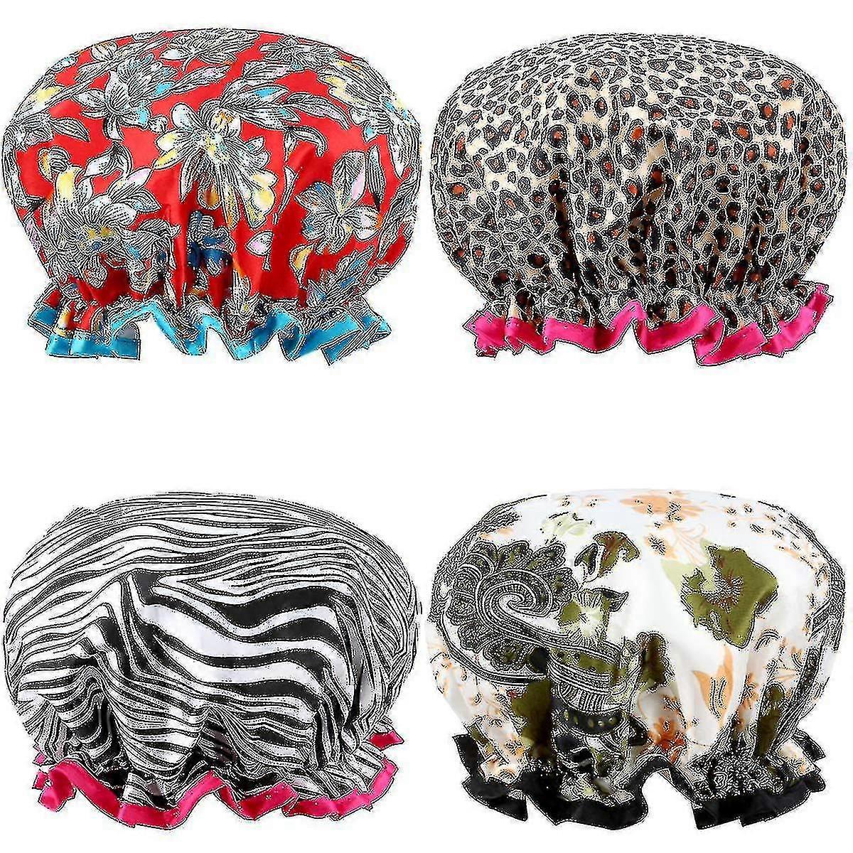 Shower Cap,4 Pack Bath Cap Designed For Women Waterproof Double Layer