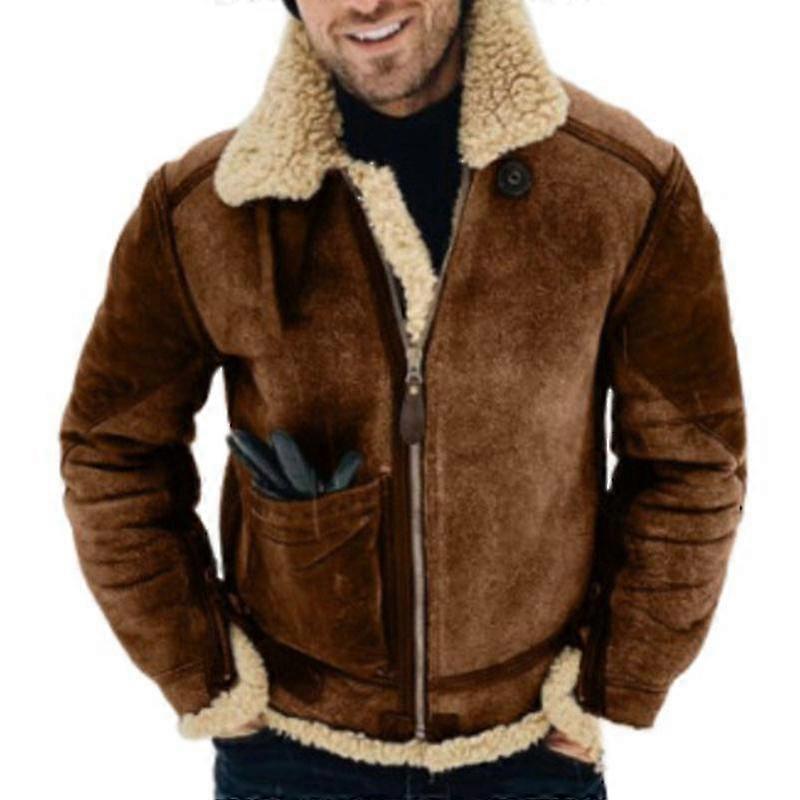 חורף גברים עור כבשה מעיל עור פרווה לעבות פרקה צמר דש צווארון מעיל