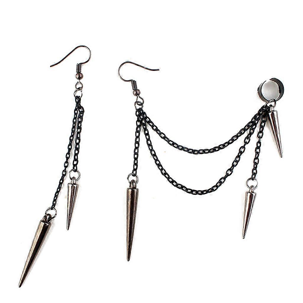 Black Punk Rock Long Rivets Chain Tassel Dangle Ear Hook Cuff Wrap Earrings