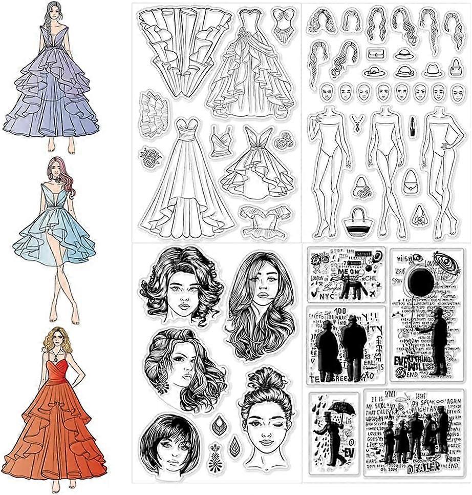 4Sheets Clear Stamps Character Patterns Silicone Stamp Text Outfit Figure Stamp for DIY Scrapbooking Photo Album Decorative Cards Making Stamps for Ho