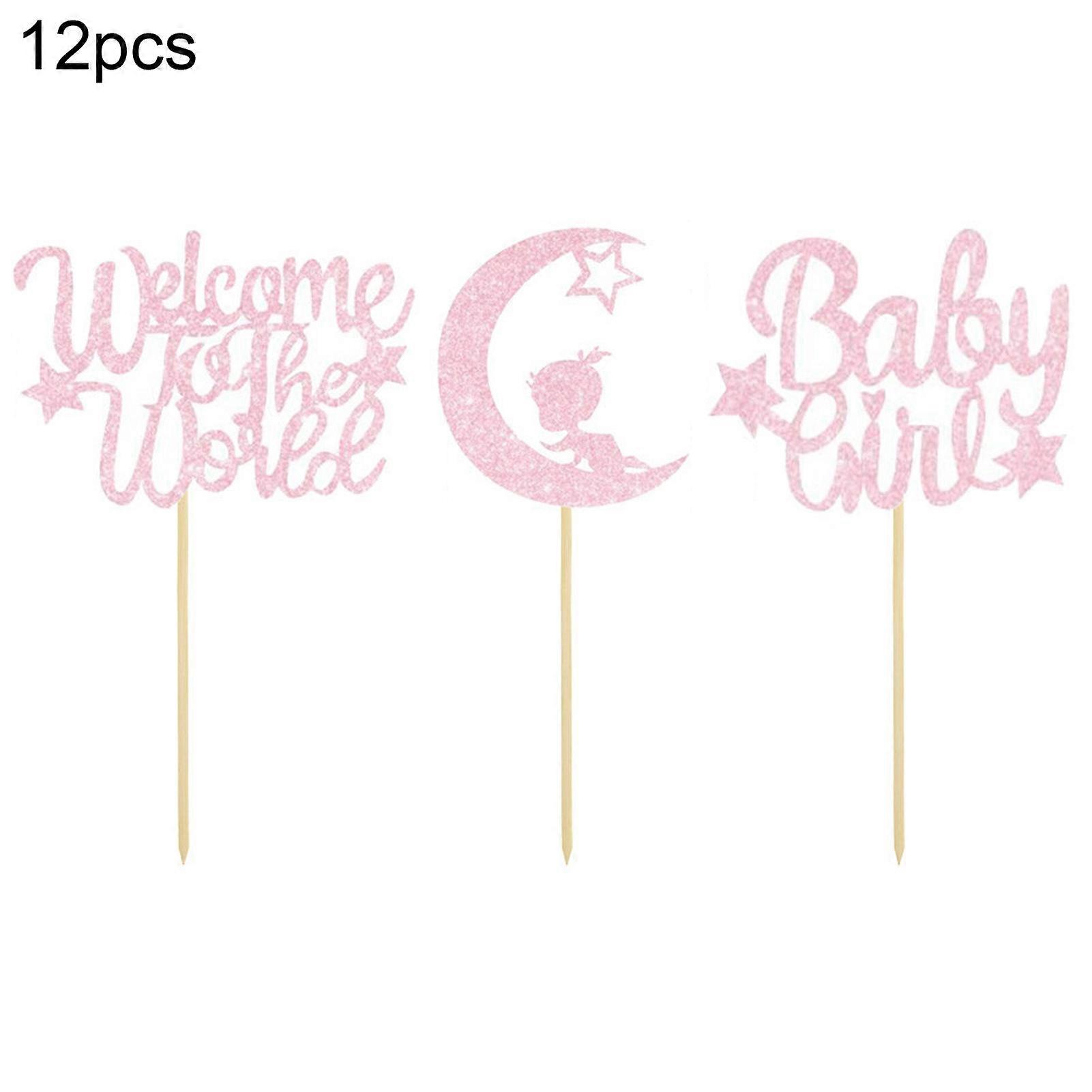 MengXi 12Pcs/Set Beautiful Glitter Surface Cake Topper Decorative Festive Touch Paper Pastry Topper for Baby Shower