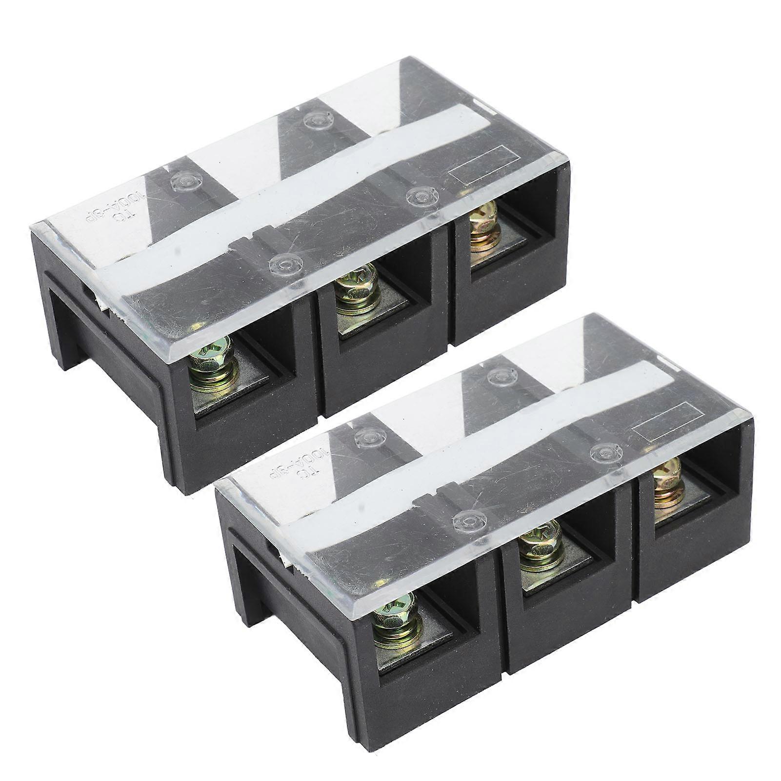 2pcs Wire Barrier Block Terminal Strip 600V 100A TC Fixed Iron Dual Rows Terminal Strip with Cover Black 3 Positions (1003)