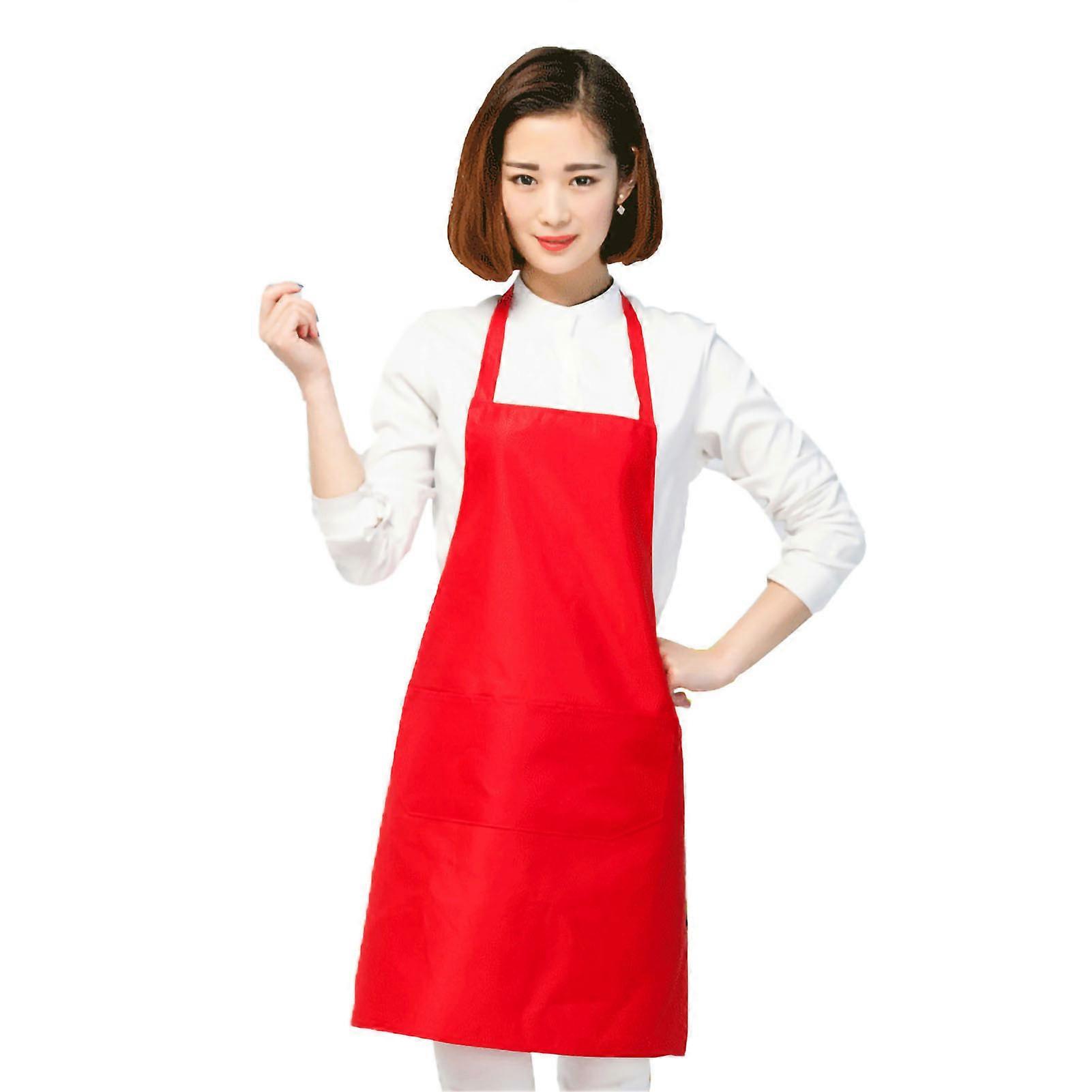 Kitchen Apron Solid Color Dual Pockets Back Strap Soft Polyester Chef Apron for Household Bright Red