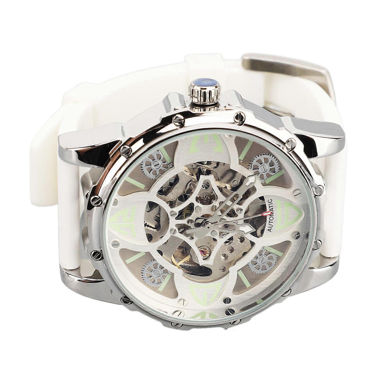 DTCY Automatic Mechanical Watch Four Leaf Clover Pattern Double Skeleton Dial 30M Water Resistance Luminous Silicone Strap Business Watch Silver White