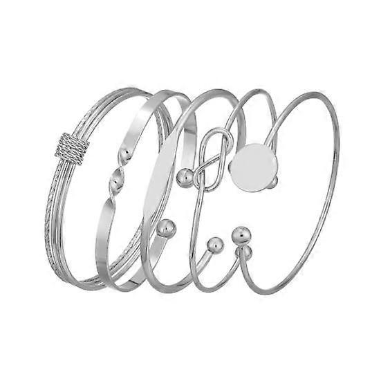 5 Pcs Women Opening Bracelets Different Shapes Polished Alloy Stackable Bangle Set