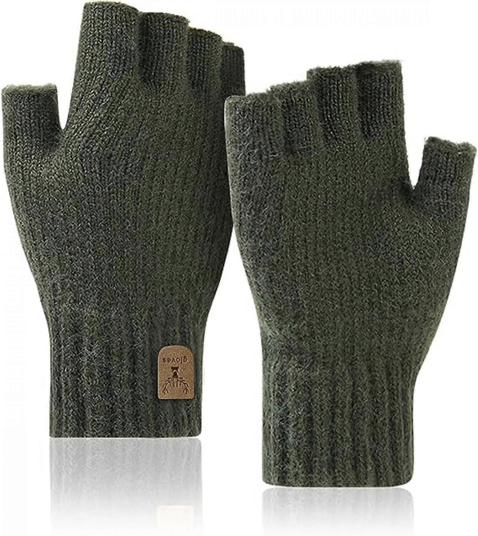 Fingerless Gloves Half Finger Gloves Winter Warm Knitted Gloves Working Running Biking Driving for Men and Women-Military Green