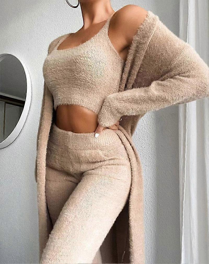 Women's Coral Fleece Pajama Set Spring Autumn Winter Pajamas 3 Three-piece Pajama Vest + Trousers + Jacket