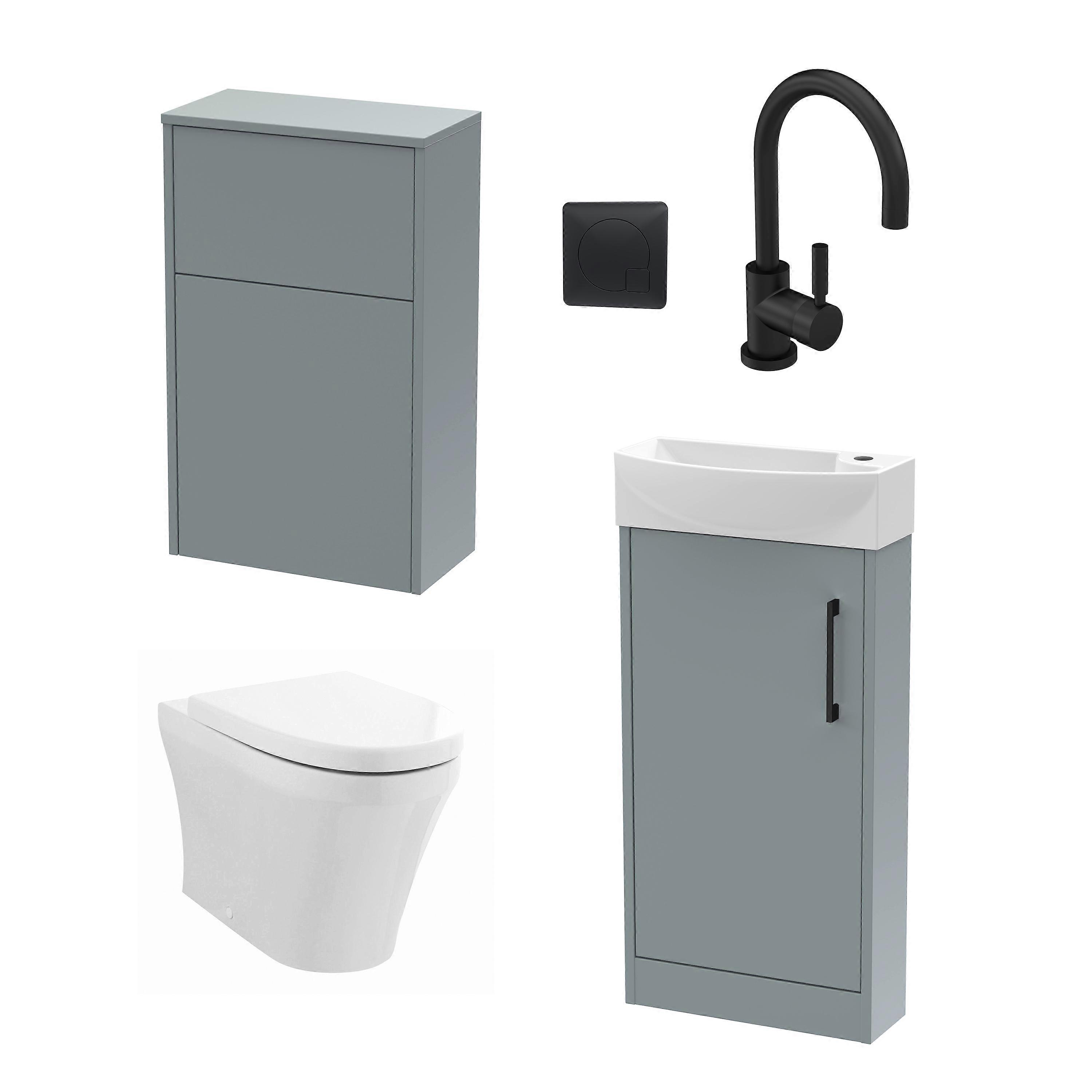 Cloakroom Suite - Left Hand 440mm Vanity, WC Unit, Toilet and Tap - Grey/Black Faucet