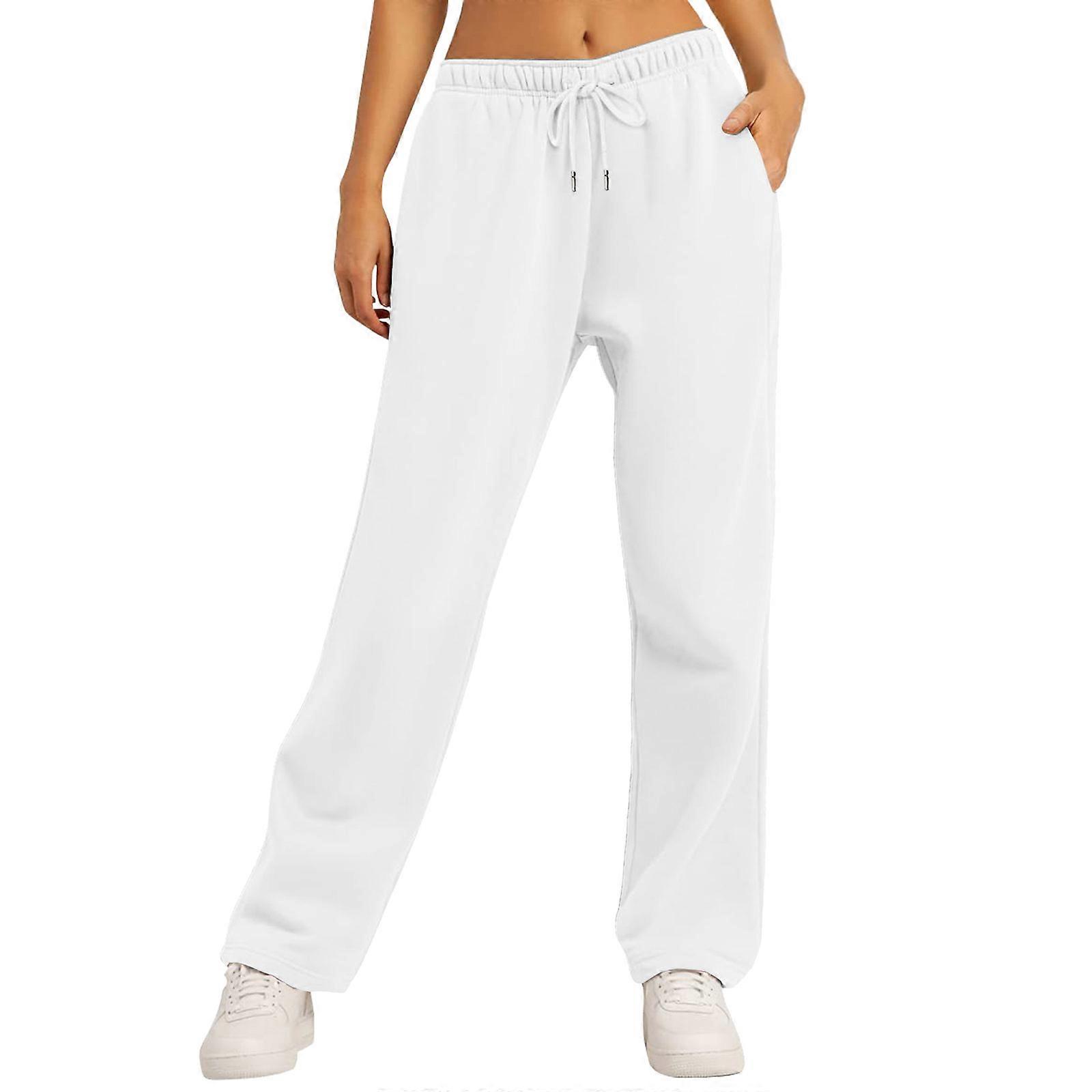 Calças de Moletom de Perna Larga Casual com Cordão Elástico Cintura Alta Calças Palazzo Longas com Bolsos Calças de Yoga de Perna Reta Branco XL
