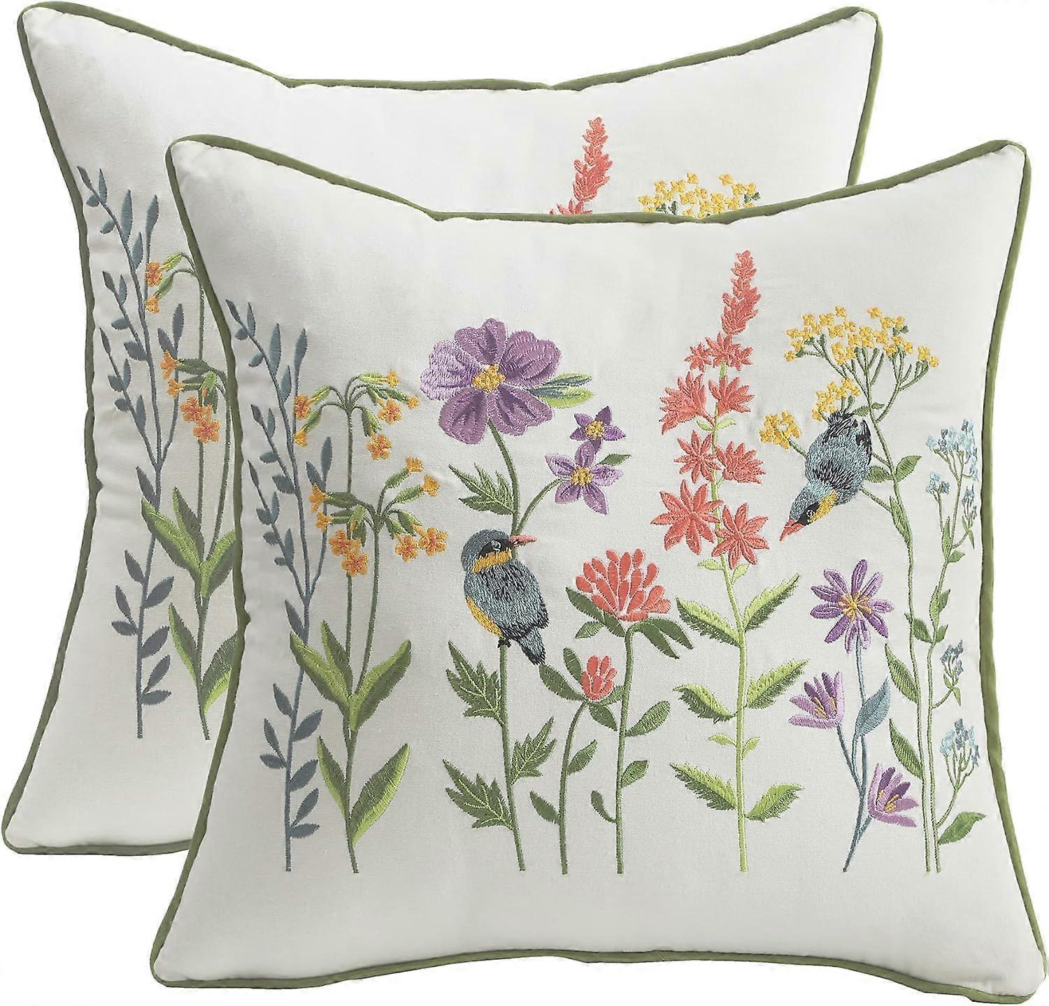 2 Pack Embroidered Throw Pillow Covers for Home Decor Spring Decorative 18 x 18 Inch