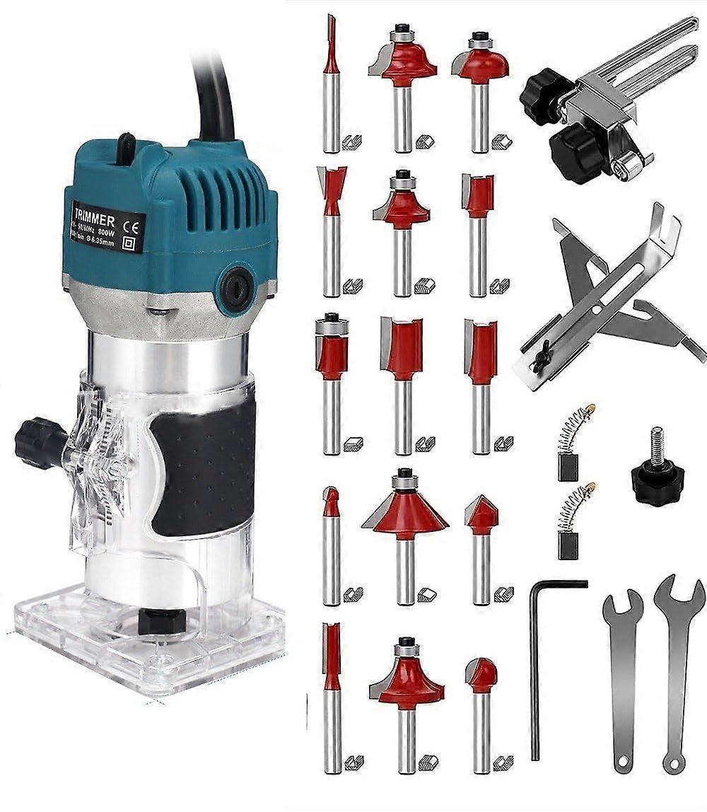 110V Router Tool, 800W Wood Trim Router, 30000RPM Electric Trimmer, Hand Palm Router with 15x 1/4' Router Bits