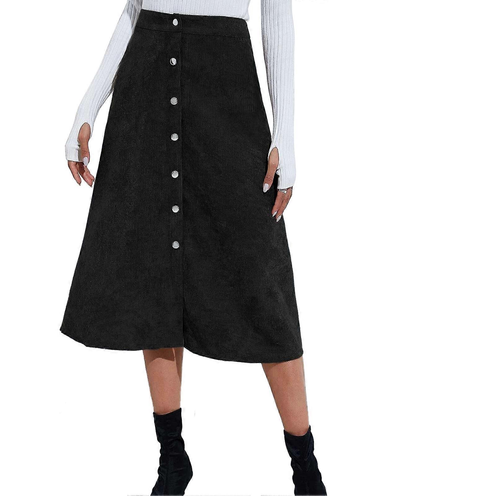 Corduroy Long Cinched High Waist Slim A Line Mid Length Button Front Split Hem Skirt for Autumn Winter