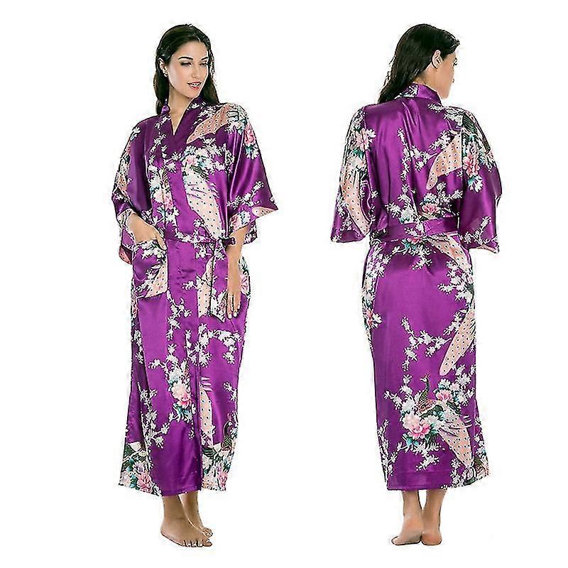 Kvinnor Lyx Soft Silk Satin Kimono Robe Klänning Lång Badrock Nattkläder Sovkläder