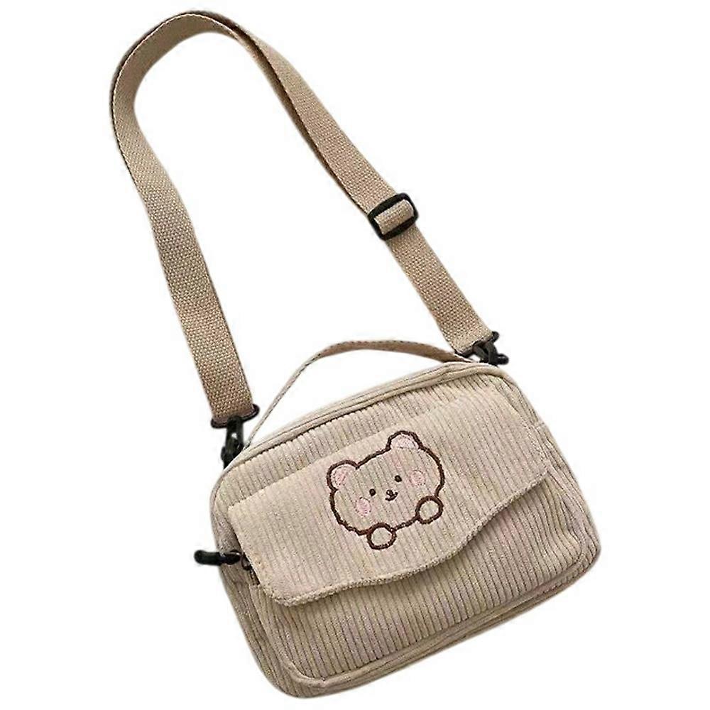 Sac bandoulière vintage en velours côtelé pour femme, style universitaire, sac messager à rabat et fermeture éclair - Beige