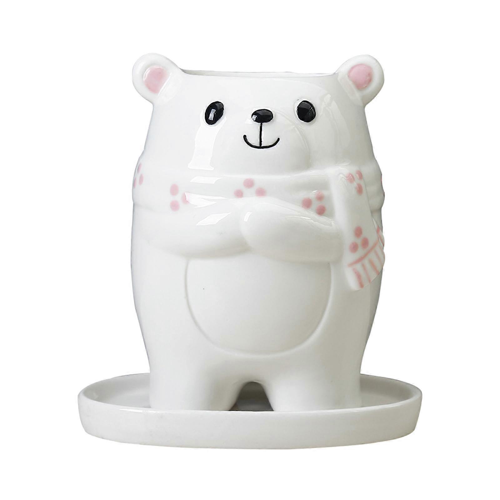 Creative Ceramic White Bear Planter Flower Pot with Drainage Tray, Plants Not