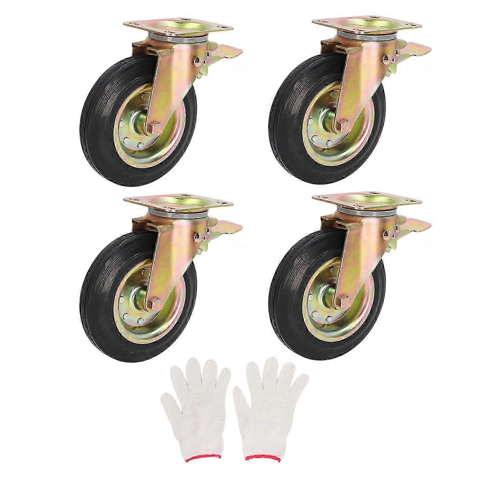 4Pcs 8in Caster Wheel With Brake 1 Pair Gloves Universal Workbench Cart Caster For Furniture Trash Can