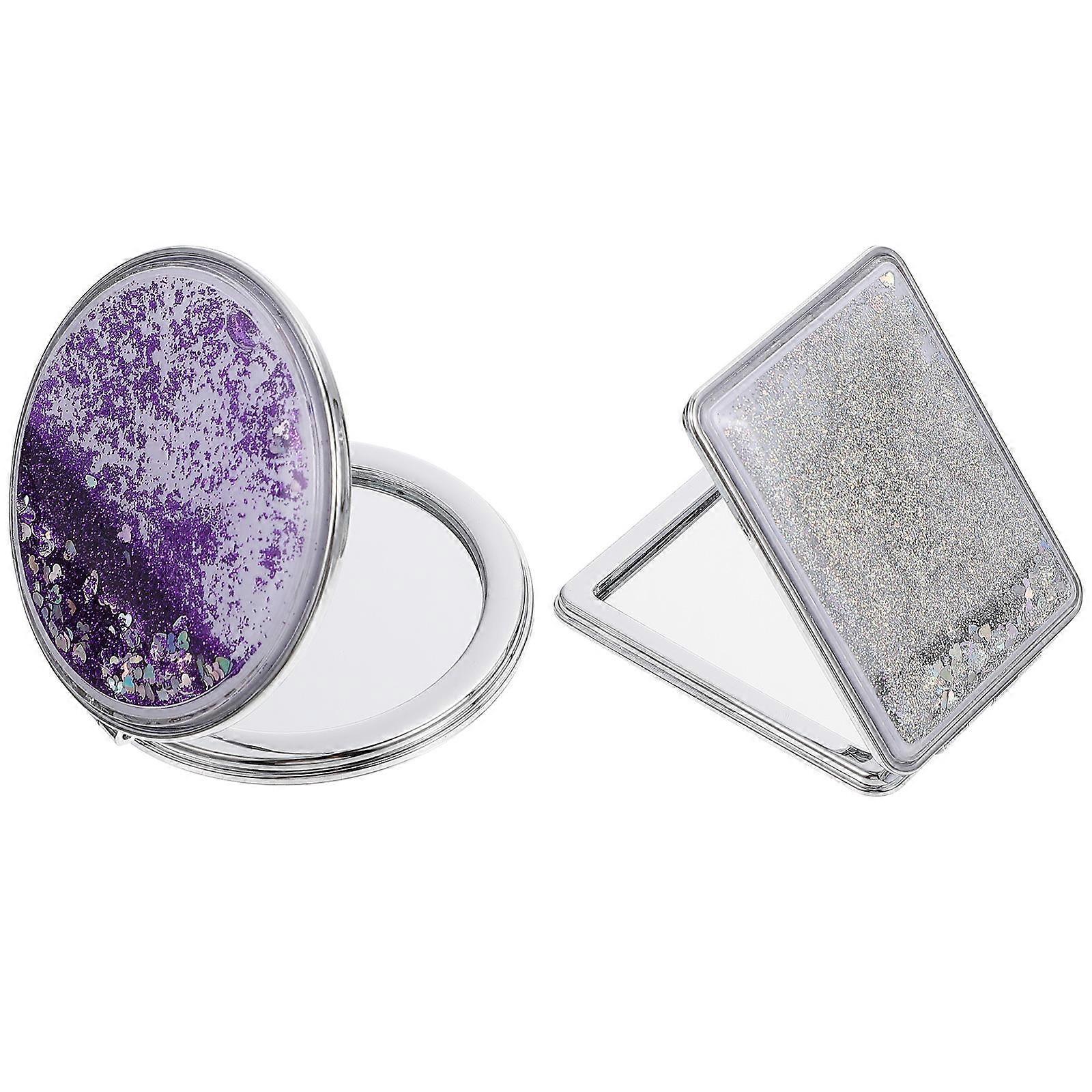 Portable Mirror 2Pcs Sequins Cartoon Portable Mirrors Foldable Cosmetic Mirrors for Makeup Business Trip Silver
