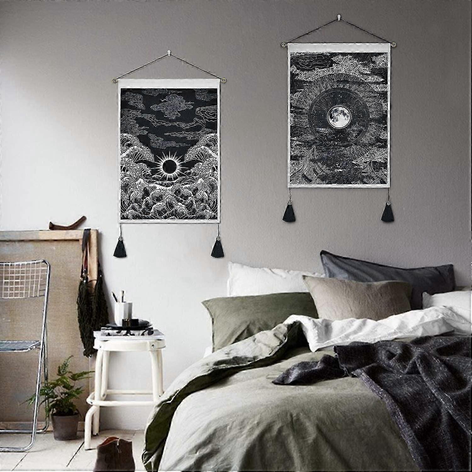 Pack Of 2 Tapestry Moon And Star Tapestry Ocean Wave Tapestry Black And White Tapestries