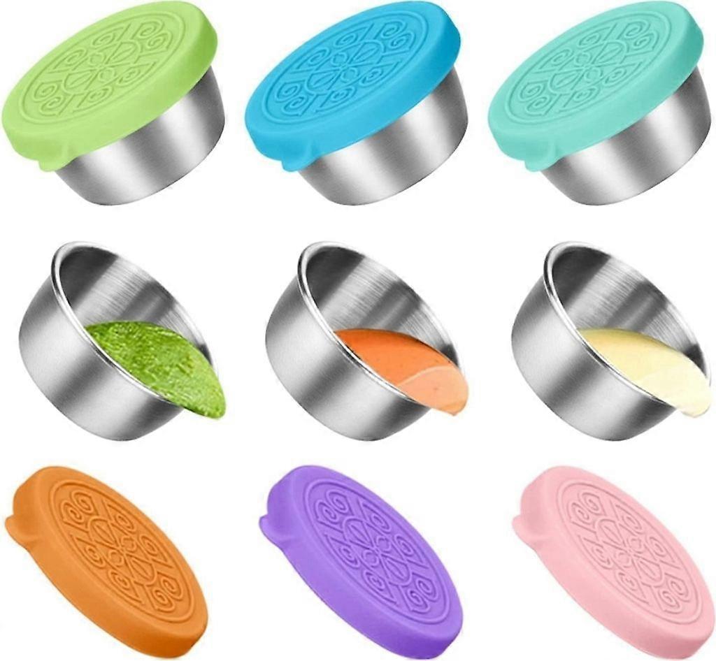 Salad dressing container, 6 pieces stainless steel sauce container with silicone lid, sauce container, leak-proof dip container