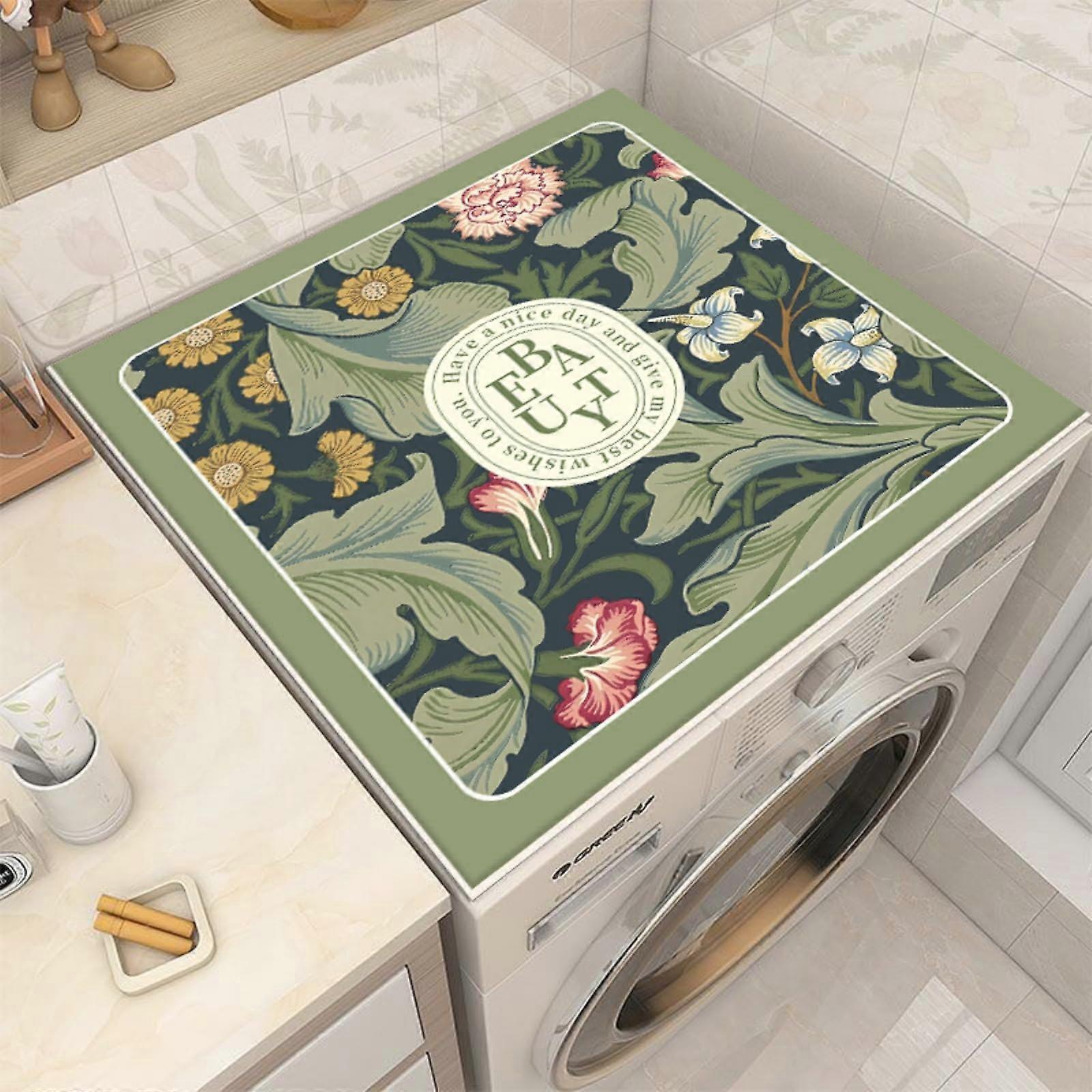 Waschmaschine Abdeckung für Toplader, Staubdichte Universal Abdeckung mit Blumenreben, 50x50cm, Grüne Blätter Design