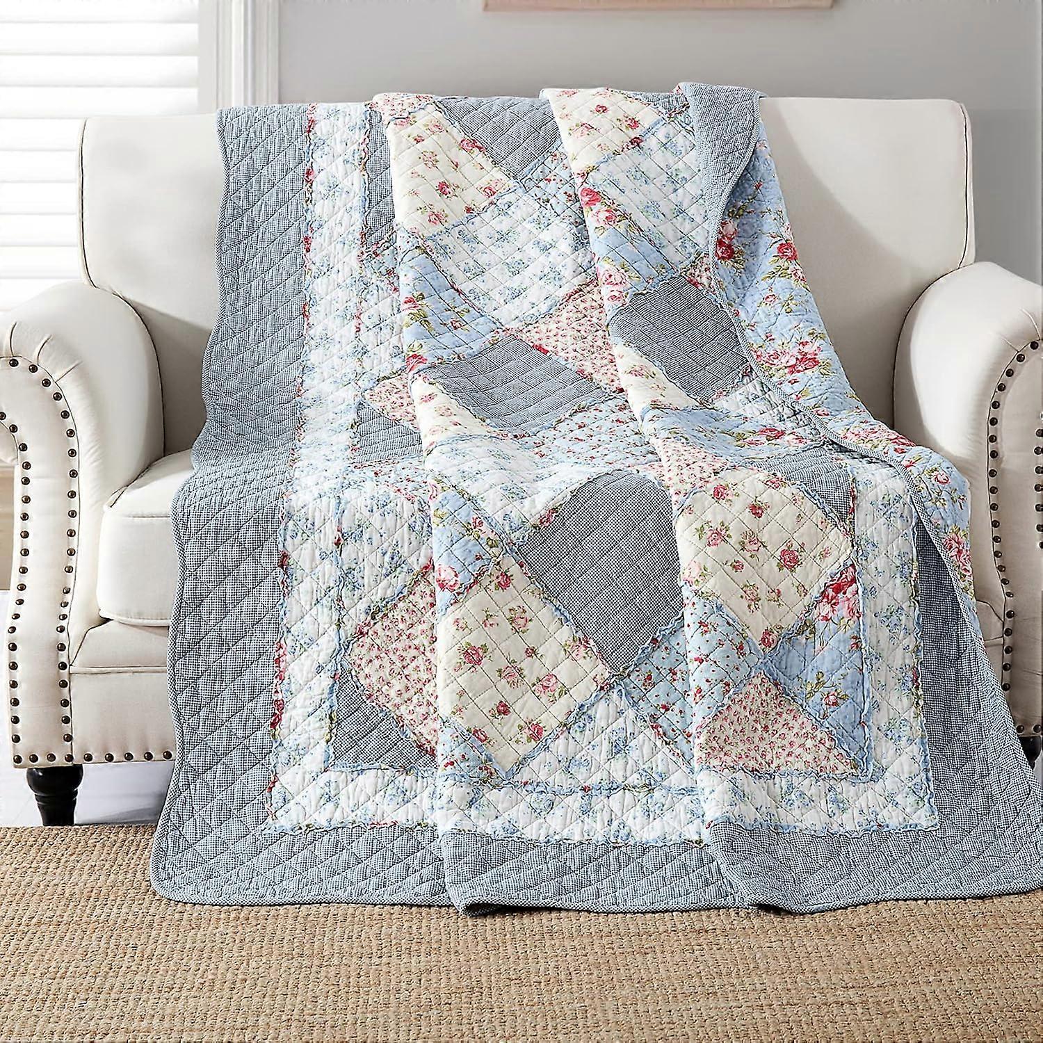 Blått överkast 150x200cm, Mjukt enkelöverkast i 100% bomull, Blått överkast i lapptäcke