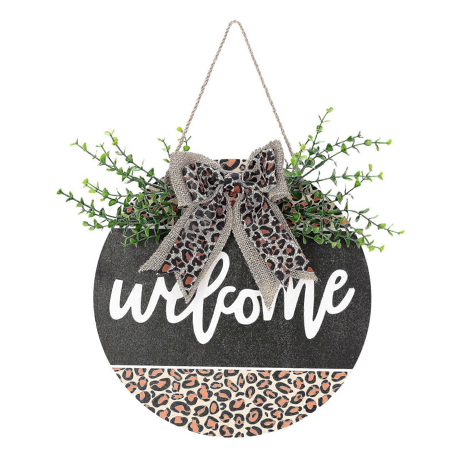 Leopard Print Door Sign Round Wood Welcome Guest Hanging Pendant For Home