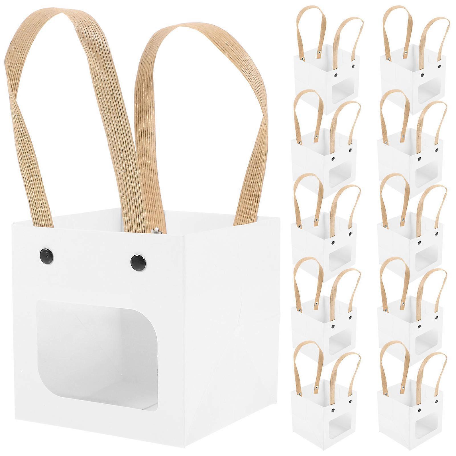 Happy Birthday Goodie Bags Favor Bag With Handle White Cardboard Rectangular Simple Design For Cookies Celebrations 12Pcs