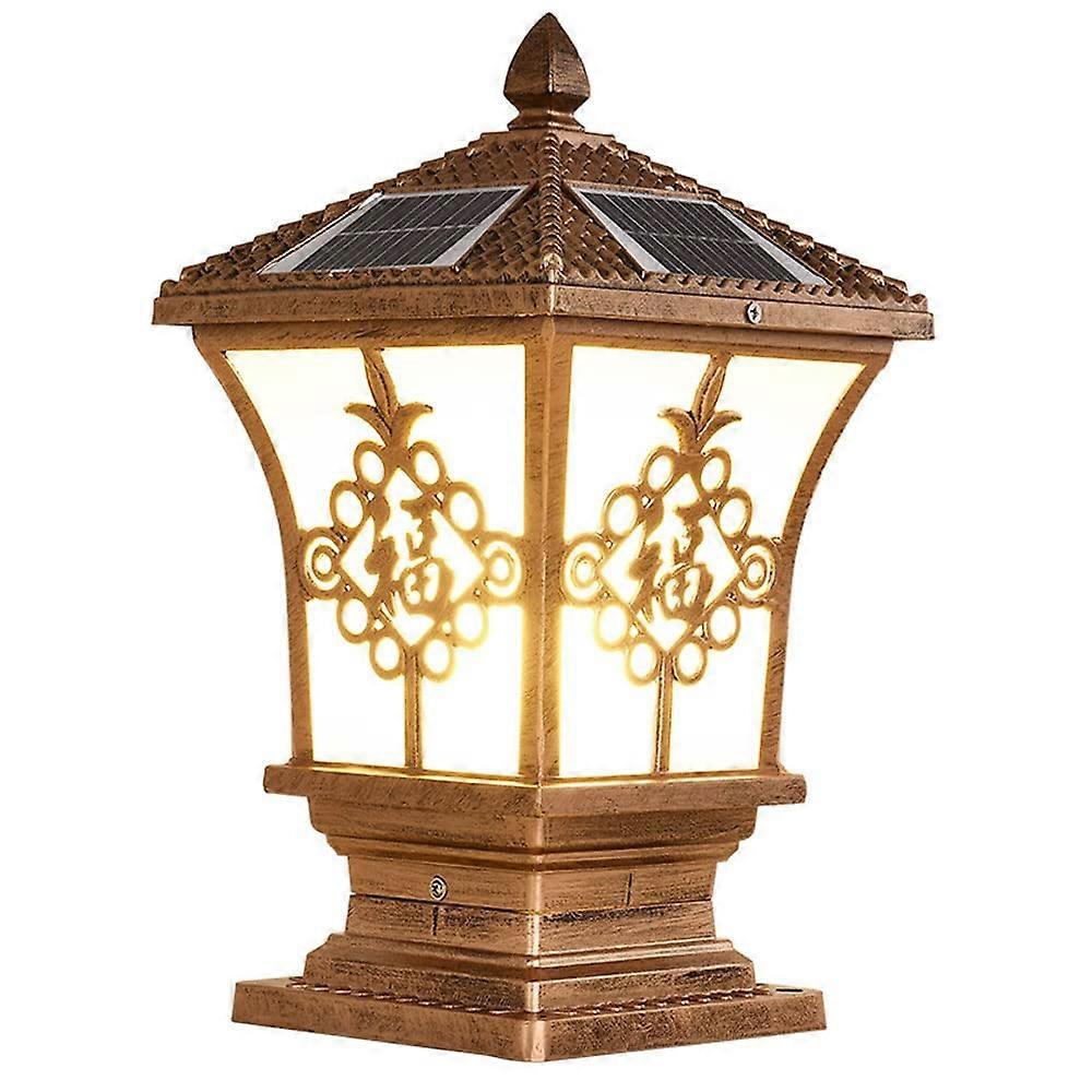 Solar post lights, waterproof LED pillar lamp with three modes, European style, bronze, 9.8 inches.
