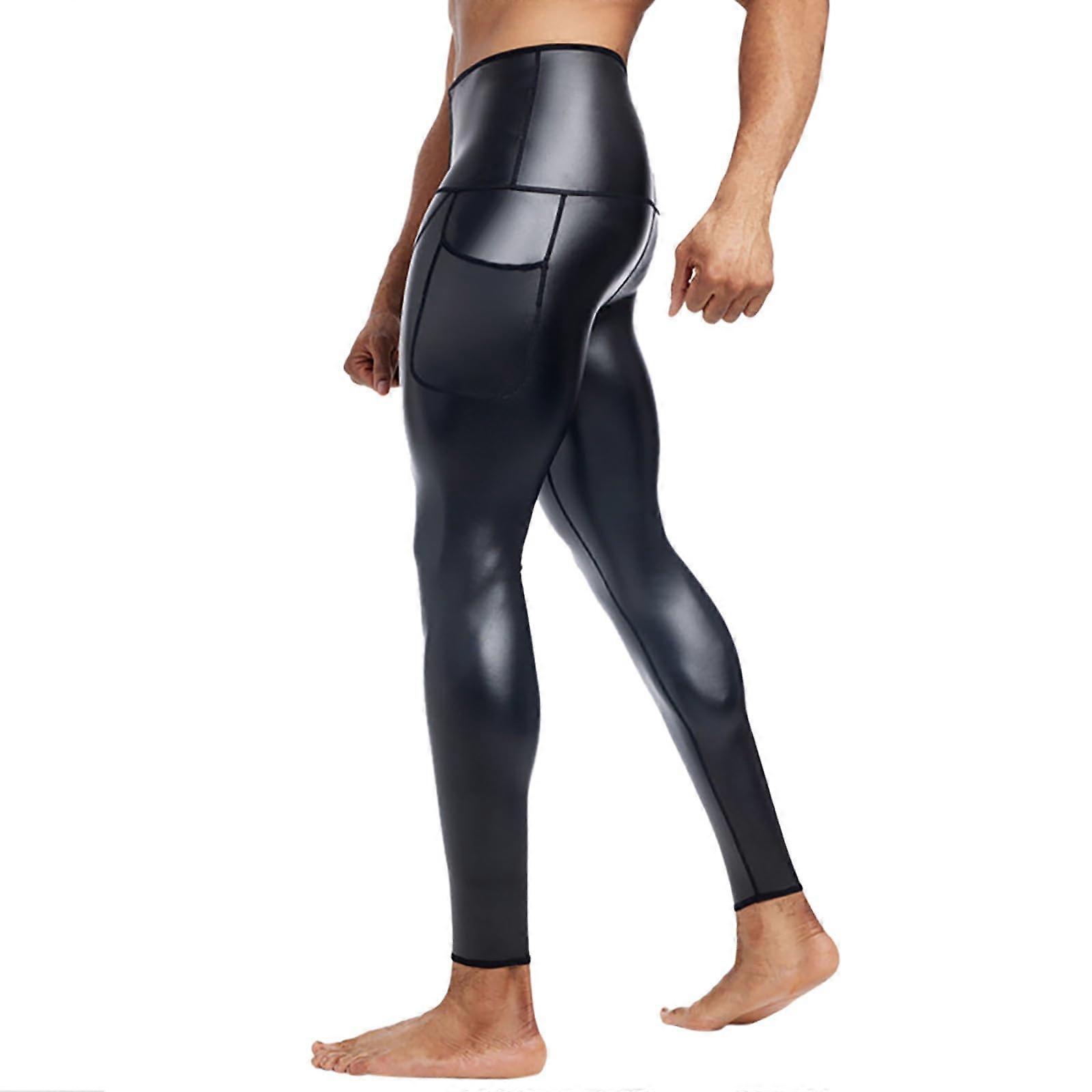 Men's Sexy Leather Leggings Wetlook with Pockets Tummy Control 3XL Black