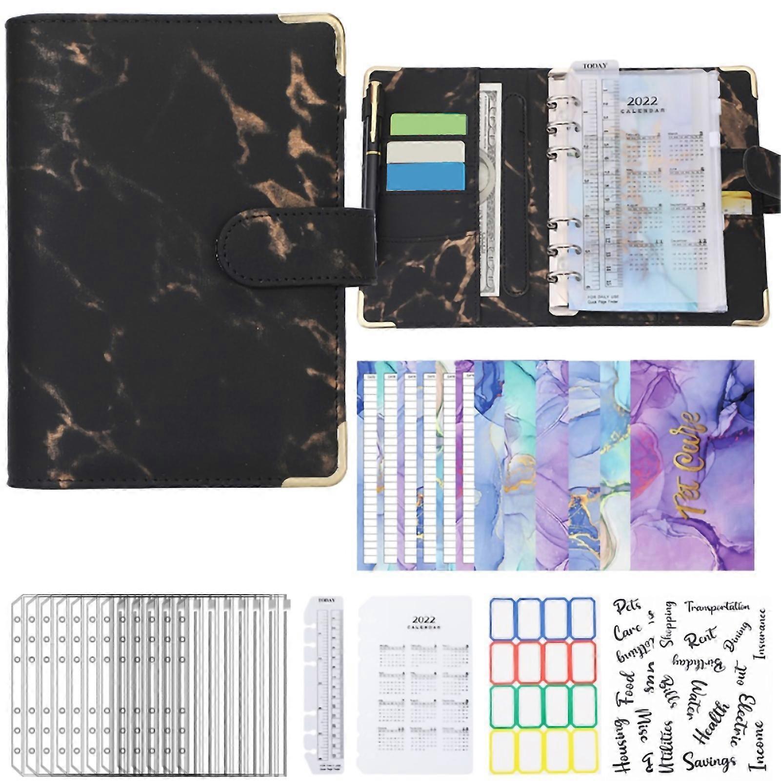 A6 PU Leather Budget Binder A6 Notebook Binder for Budgeting Money Saving Folder Marble Pattern Corner Protector Black