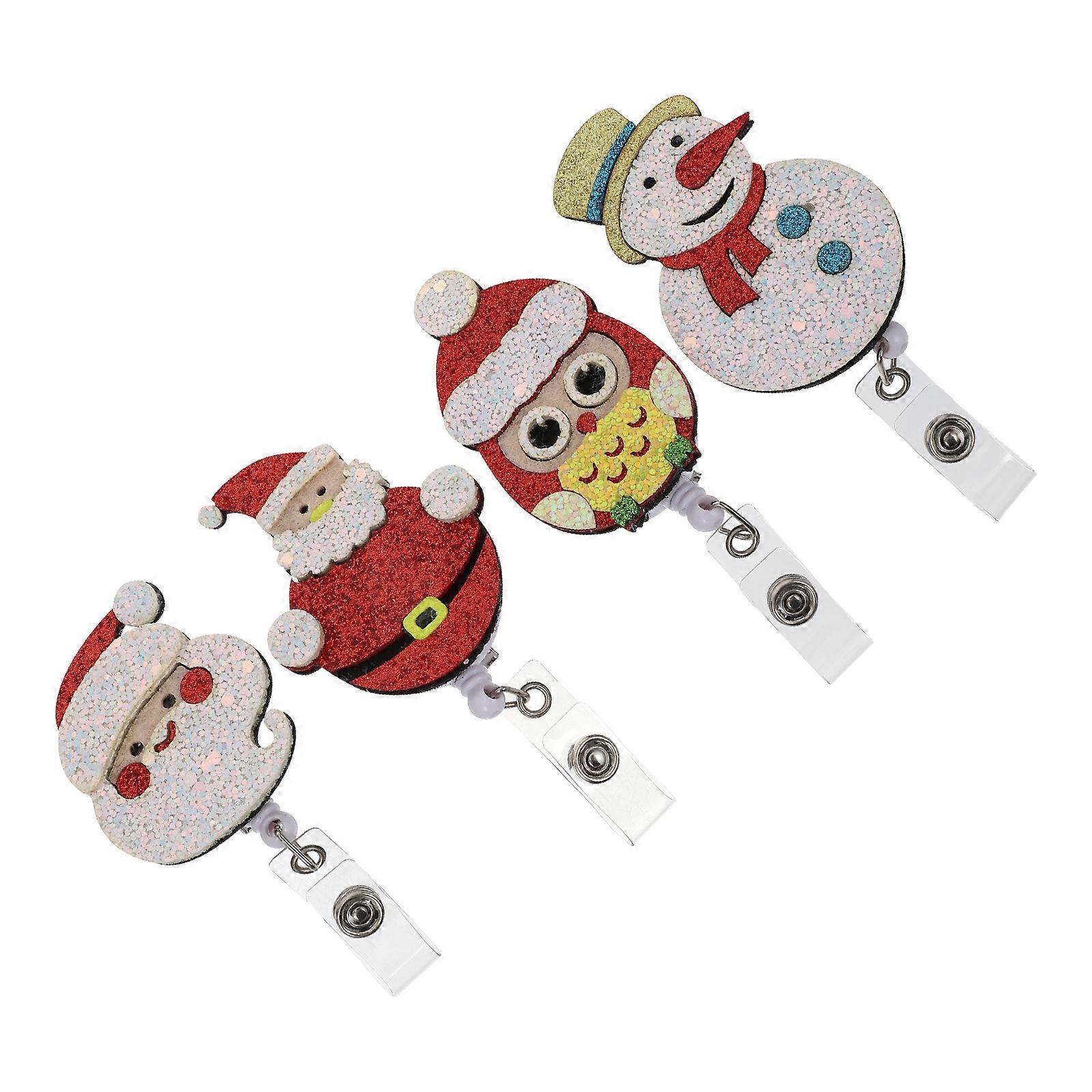 4pcs Retractable Badge Holders – Christmas Snowman, Santa Claus & Owl Cartoon Design – Lightweight Clip for Shirts, Pockets, Collars & Belt Loops