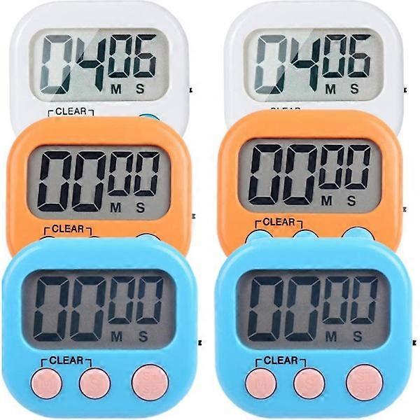 6-pack small digital kitchen timer with magnetic back and on/off button, minute second count up countdown (multicolor)
