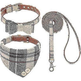 Adjustable Bow Tie Dog Collar & Leash Set - Cute Classic Plaid Bandana Collar with Bell for Medium Dogs, Puppies & Cats - Perfect for Outdoo